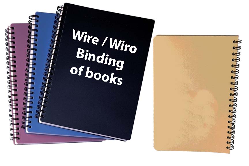 Four books with spiral binding displayed. Also known as wire binding. Used extensively to make diaries and manuals