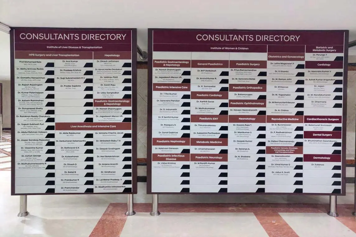 Modular name board directory for a hospital showing the various departments and names of the staff. Individual nameplates can be removed or updated if the employees leave.