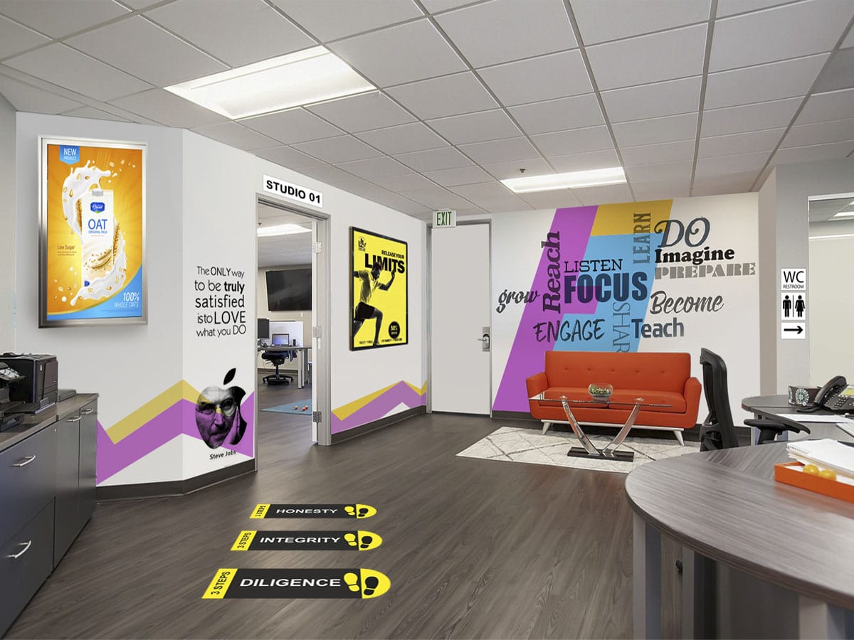 Seven office decor ideas to enhance the looks of your workplace by using personalised wallpapers posters floor graphics,laser etched name plates logo boards and name directory boards