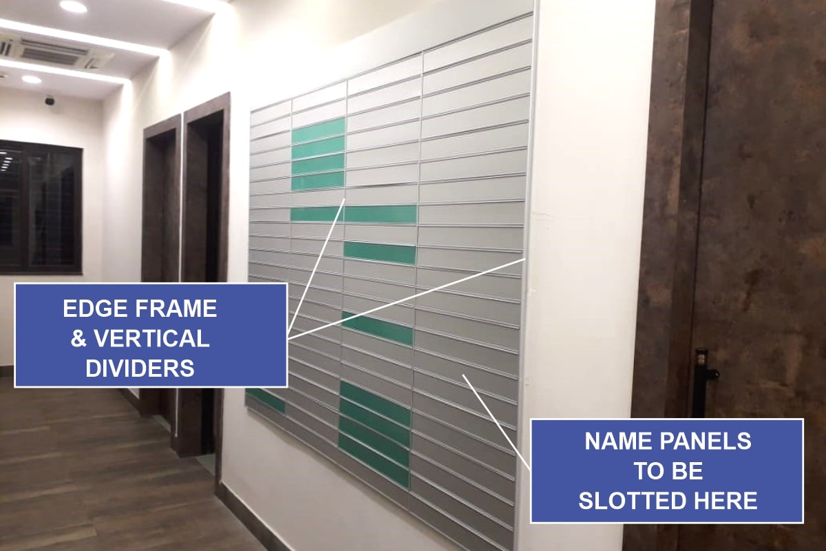 components of a modular name directory board made of an aluminium edge frame vertical dividers and and slots for employee name plates