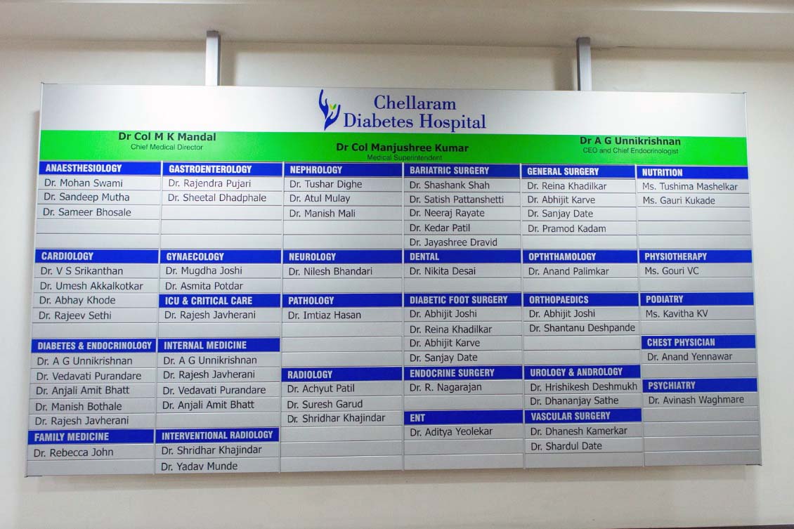 modular name directory board for the Chellaram Diabetes Hospital which allows updating of the name strips of the employees. Use this premium name board to enhance your office interiors