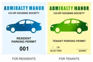 two variations of a car parking sticker design to differentiate between a permanent residents and tenants of the Admirality Manor housing society