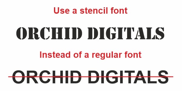 Image showing the words Orchid Digitals in a stencil font with bridges which will work better than regular fonts for creating custom stencils for logos