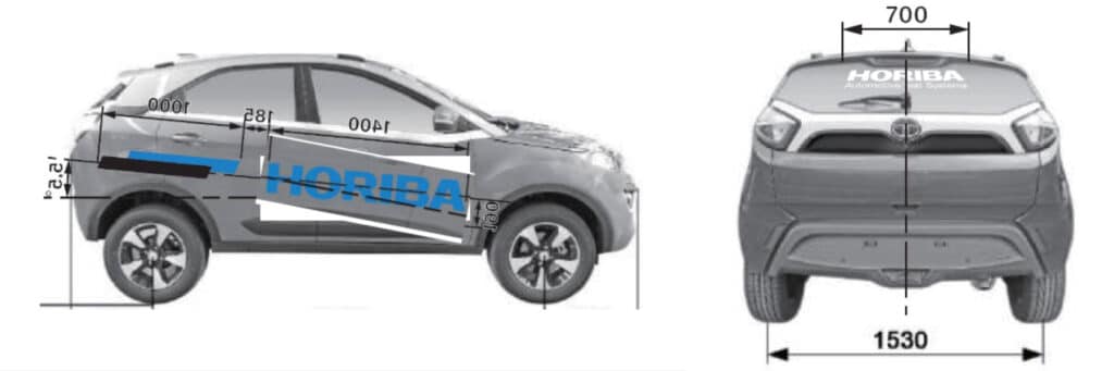 Car branding for the Horiba company is done on the sides and rear of the vehicle. The company logo and corporate colours are pasted as car stickers on the vehicle.