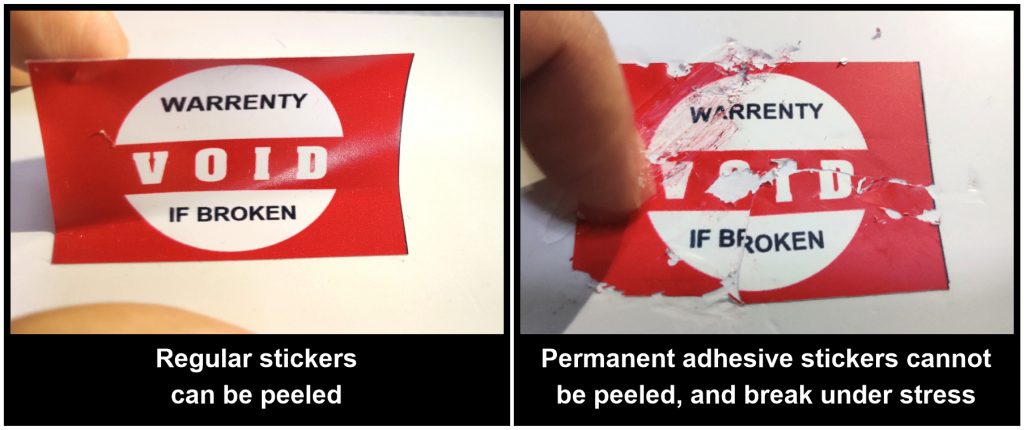Normal stickers can be peeled fully but destructible vinyl labels have permanent adhesive and will break into small pieces if forced. This breakage shows instant proof of tampering