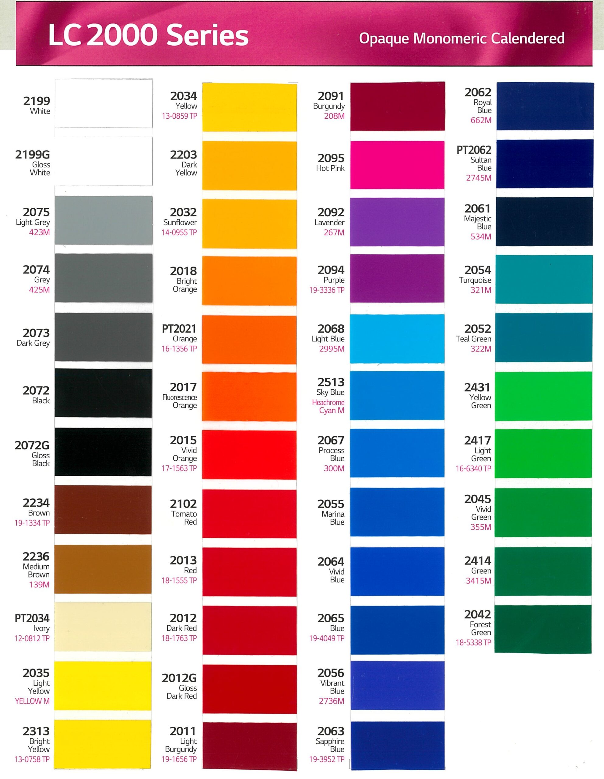 Shade chart showing the LG Monomeric Calendered vinyl colours available for manufacturing acrylic letters