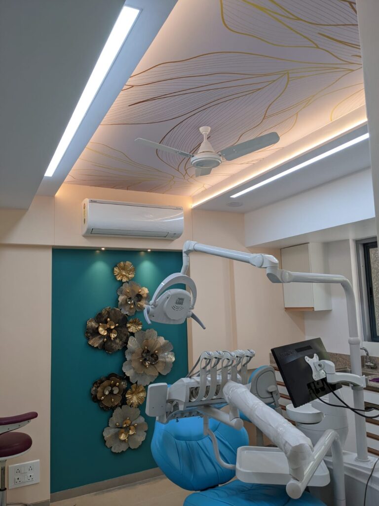 A dentist chair in an extremely high-end clinic with a wall mural in the background and custom printed wallpaper on the ceiling 