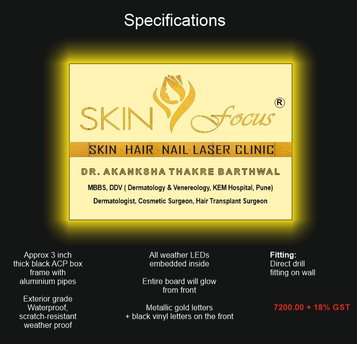 Page four of in acrylic logo board proposal that shows the specifications installation method and costs of the board and also the night view with the LED's glowing