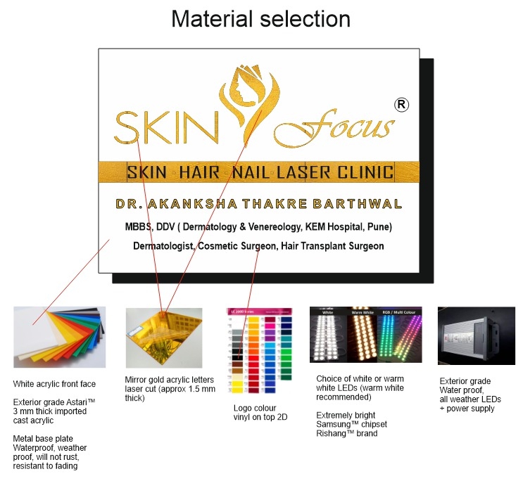 Page three of the acrylic logo board proposal which shows the color scheme and the material specifications like acrylic why nine LEDs etc. that will go into the making of the board