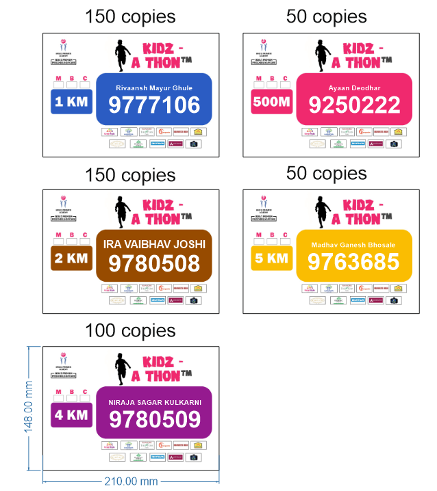 Screenshot of a variable data file showing similar artworks of a marathon bib incorporated with separate user data pulled from a database like race bib number, runner name, race category eg.: 1k, 2k, 5k, etc.