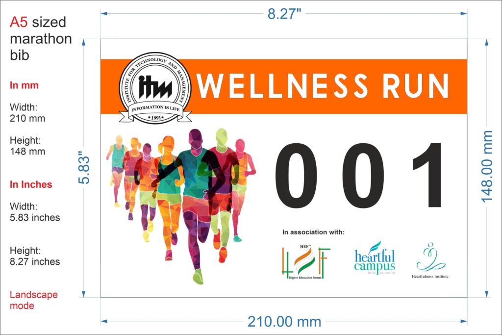 An A5-sized design of a marathon bib with dimensions shown both in inches as well as in millimetres. 