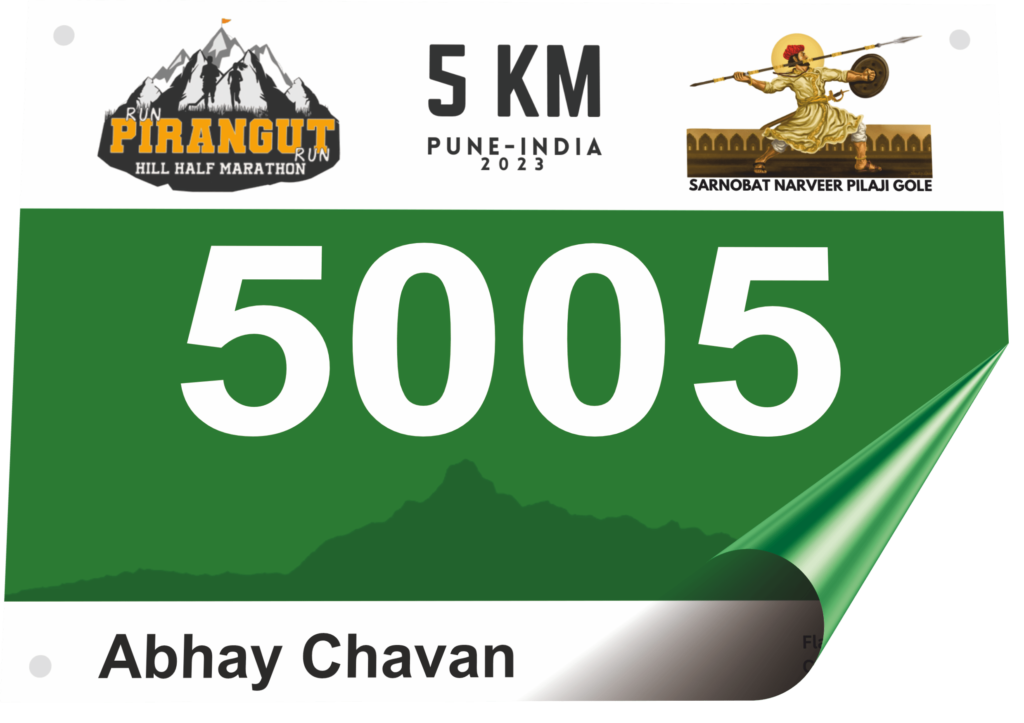 The Pirangut race bib with runner number & name, organiser logo, sponsors logo printed on a sticker sheet that can be directly pasted on a runners' shirt