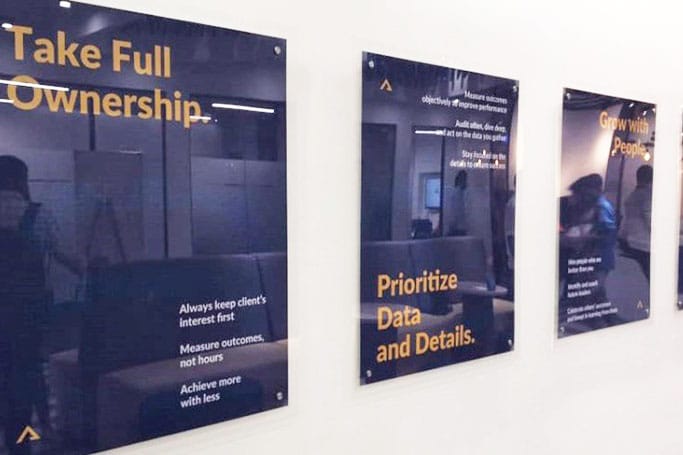 High resolution acrylic poster prints installed in the Atidiv office using sandwich panels