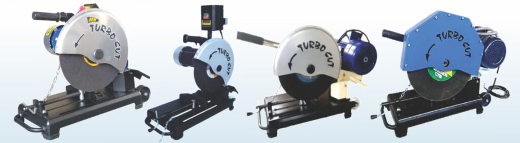 4 different models of the Turbocut company's chop saw tools all branded with UV-printed all-weather stickers