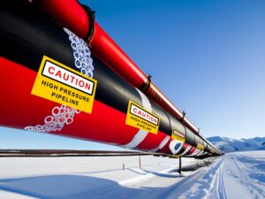 A long oil pipeline running through the Arctic snow marked with extreme weather stickers cautioning about the high pressures within the pipe