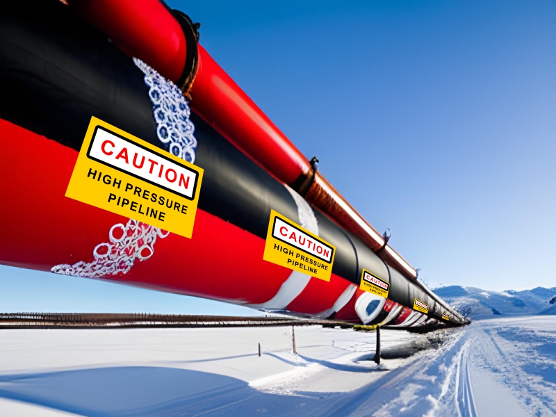 A long oil pipeline running through the Arctic snow marked with extreme weather stickers cautioning about the high pressures within the pipe