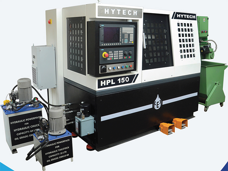 The Hytech company logo is pasted as weatherproof labels on their industrial-grade CNC lathe machine
