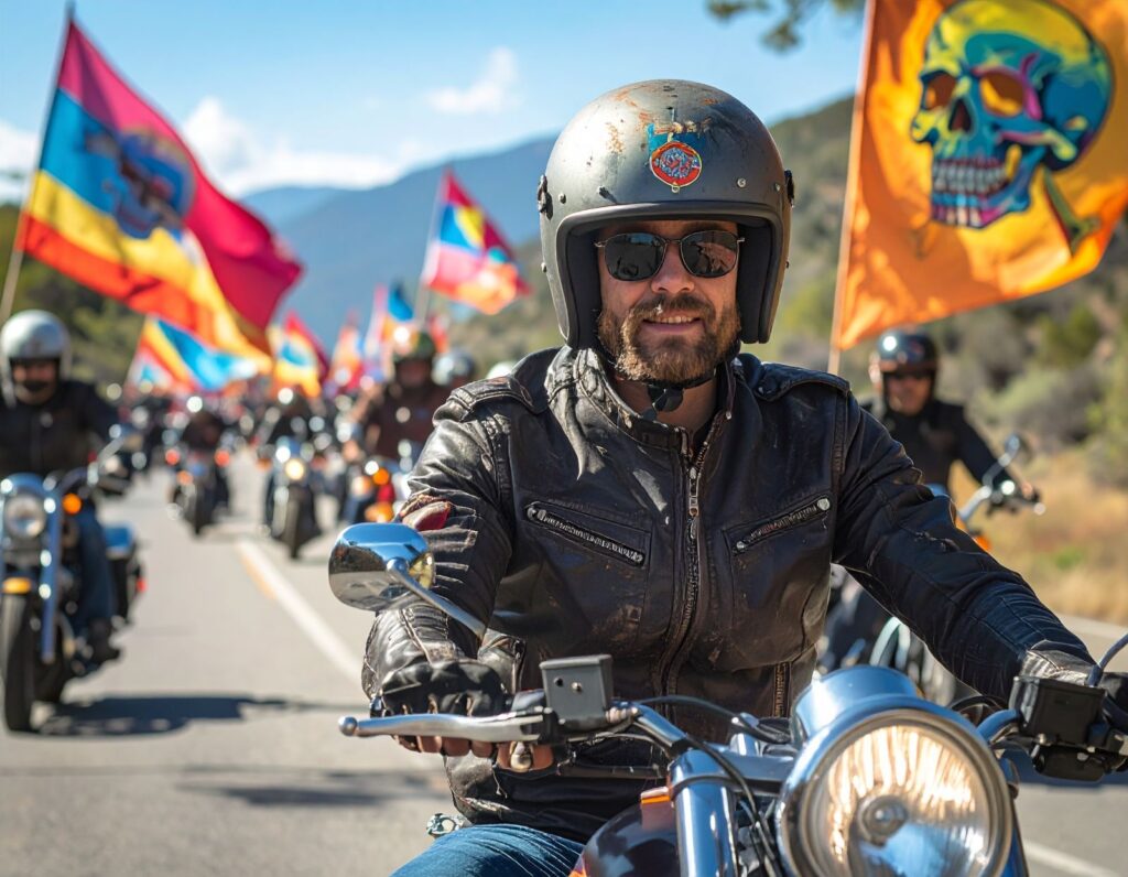 A biker rally on the road with flags attached to the bikes, the flag attached to their bikes shows the logo of their biker club, this logo is made up of a colourful skull