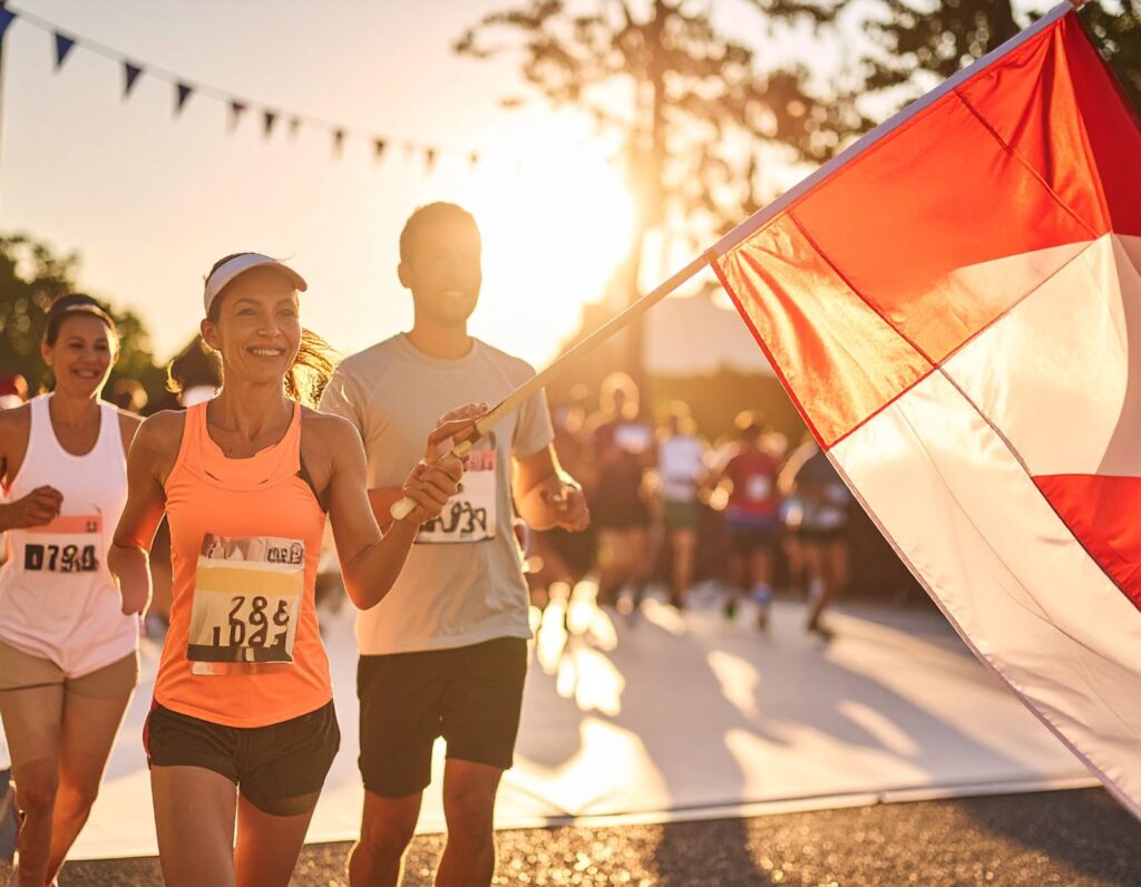 A flag off at a marathon race event with the organizer holding the sponsor's flag and joggers running in the background