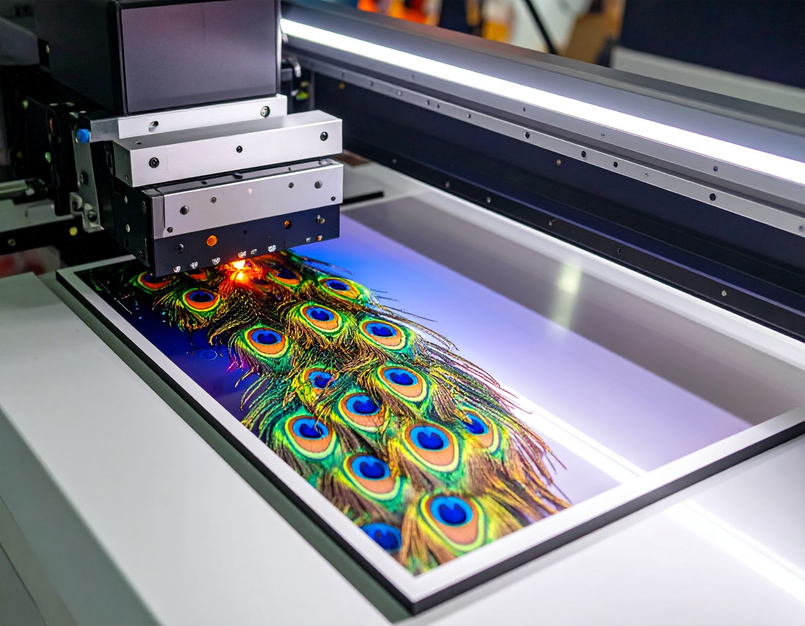 A flatbed UV inkjet printing machine is reproducing an image of peacock feathers in vibrant colours on a white one inch thick WPC sheet - printing on Wood Plastic Composite Sheet