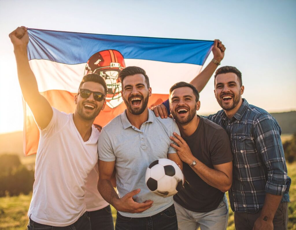 A group of sports fans laughing having fun high energy waving a large flag displaying a mascot of a football team