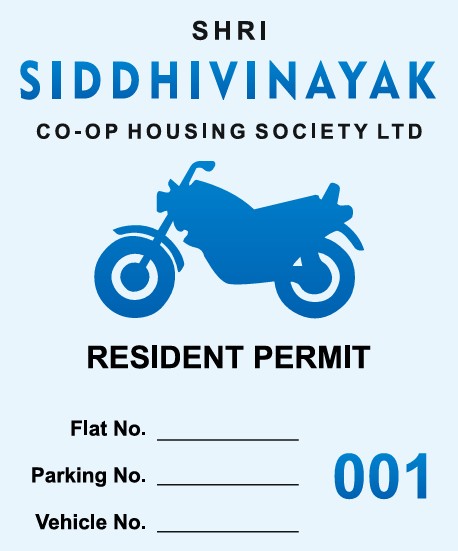 a bike parking sticker showing the name of the Cooperative Housing Society, the serial number, an icon of a vehicle, and other details like flat number bike number parking number etc printed on regular non reflective weather proof vinyl media