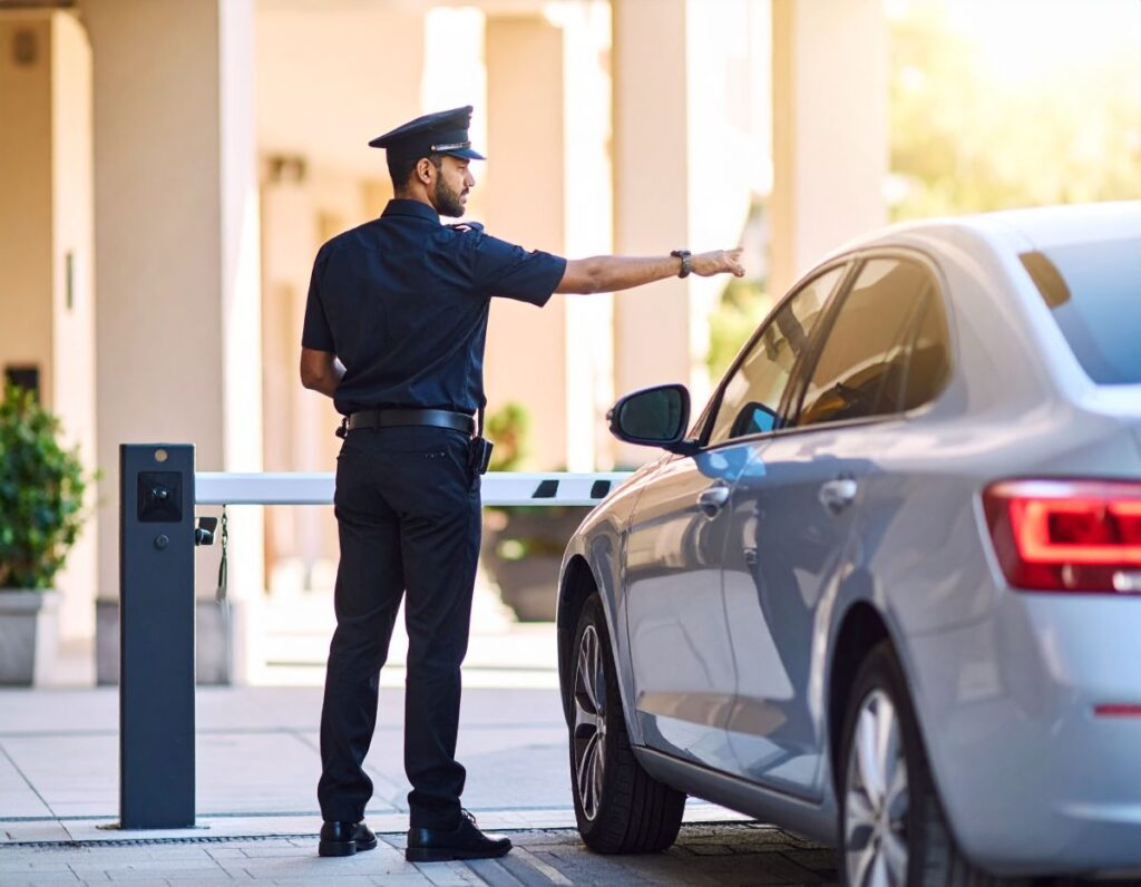 An Indian security guard rasing the boom barrier at the entrance of an apartment building to allow a car to pass through