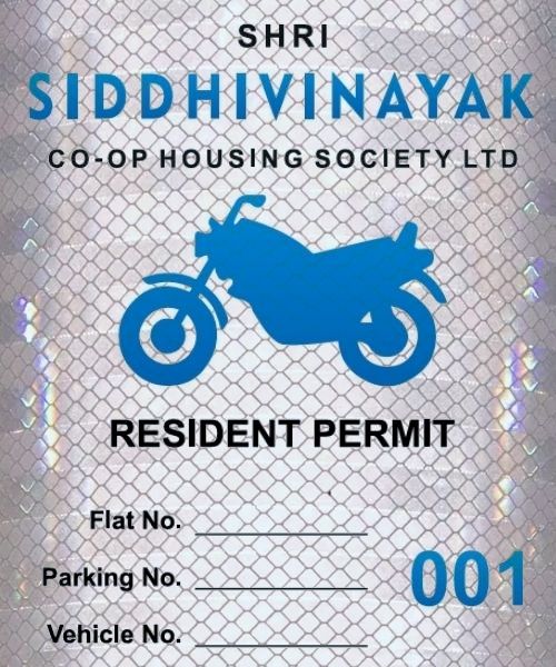An image of a bike parking sticker for a cooperative housing society reproduced on a 3M Prismatic night reflective vinyl