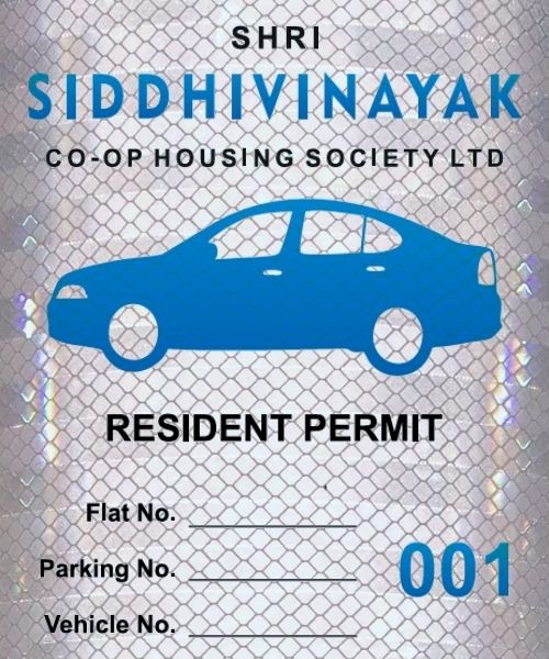 An image of a car parking sticker for a cooperative housing society reproduced on a 3M Prismatic night reflective vinyl