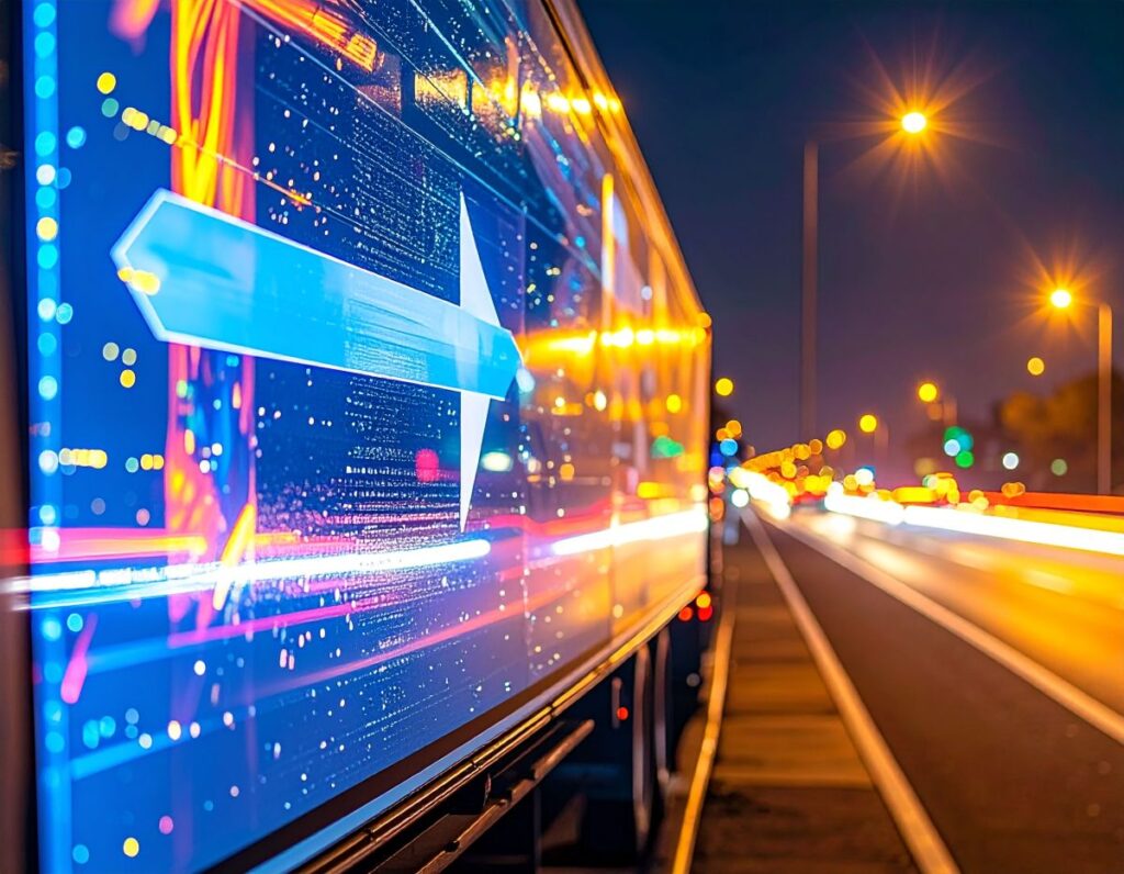 Close up of a prismatic reflective vinyl print on a road direction board on the highway Shining brighly with reflected light of the vehicles passing by at night time