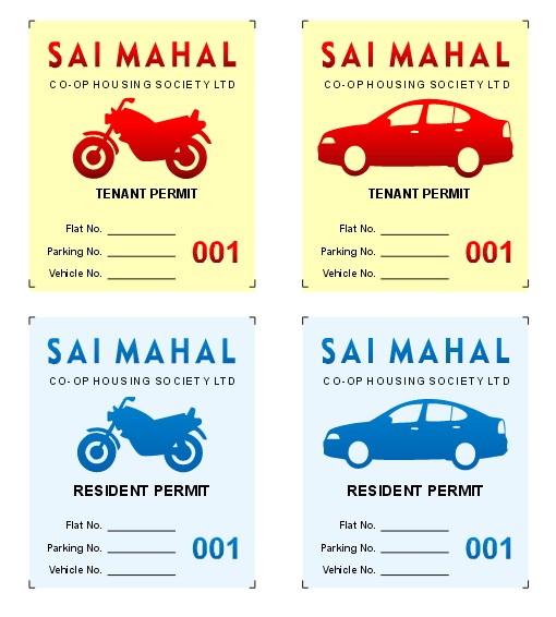Color coded parking permits for a housing complex with seperate color for owners and a separate color tenants