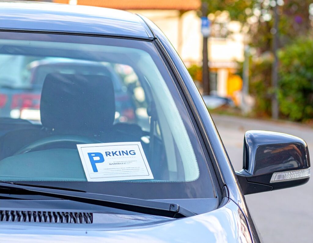 Front view of a car with a parking permit stuck from the inside of the glass on the windshield