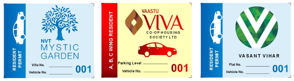Three different designs of parking stickers showing the logo of the apartment complex to make the parking permit look extremely attractive and personalized