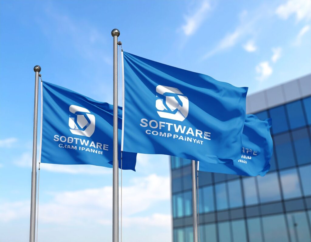 Three flags waving in the breeze showing the software company logo hoisted on flag poles in the front of a corporate office building