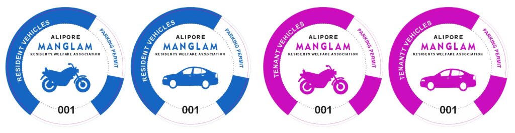apartment parking stickers and permits in circle shape displaying the name of the society and serial number