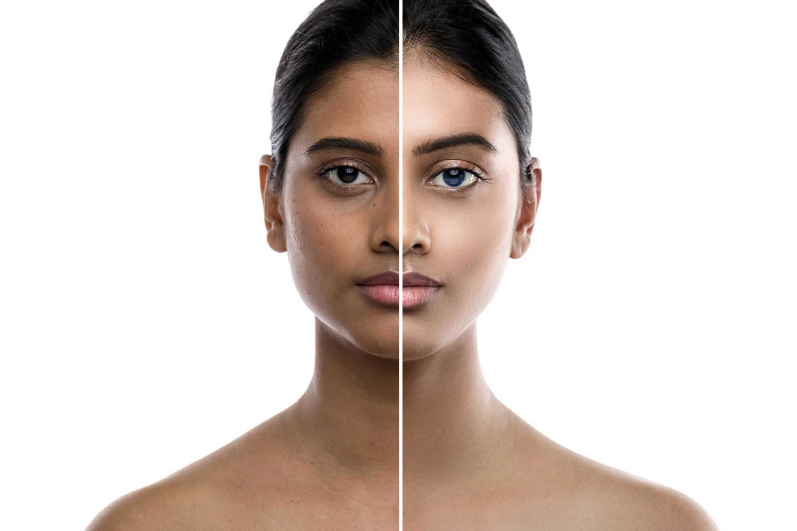 close up of a the face of a young indian woman before and after makeup