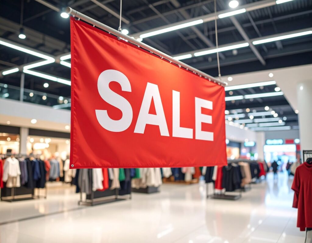 huge flag in a retail store hanging from the ceiling displaying the word 'SALE'