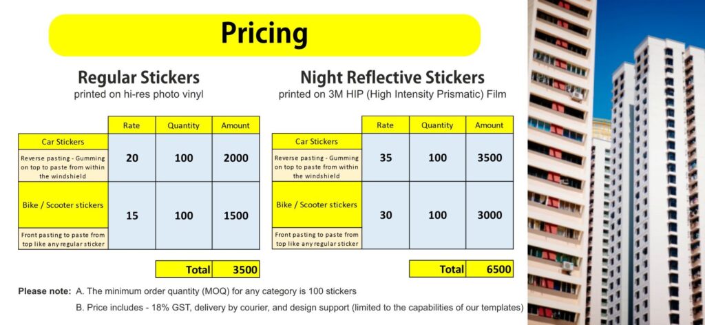 page 2 of the parking sticker proposal showing the prices of the different types of parking sticker materials on offer at Orchid Digitals
