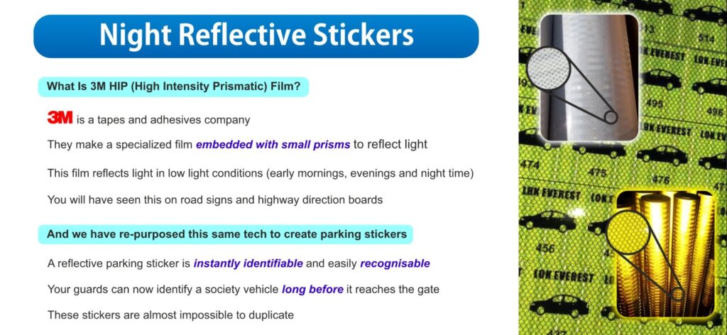 page 4 of the parking sticker proposal explaining the difference between reflective and non reflective parking stickers materials