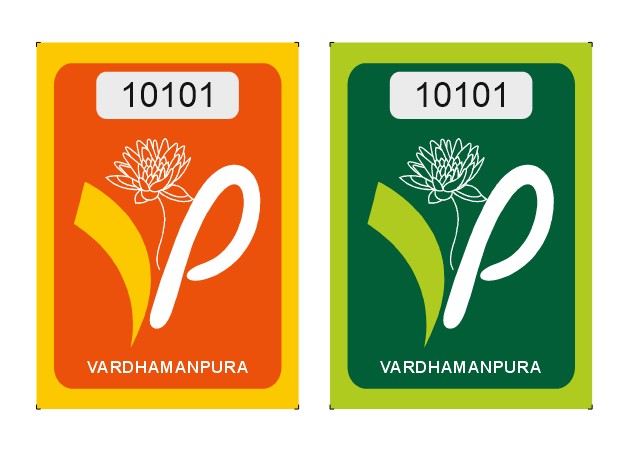 proposed design of parking stickers for the Vardhaman Pura Society showing the VP logo in a very artistic way placed next to a Lotus flower outline