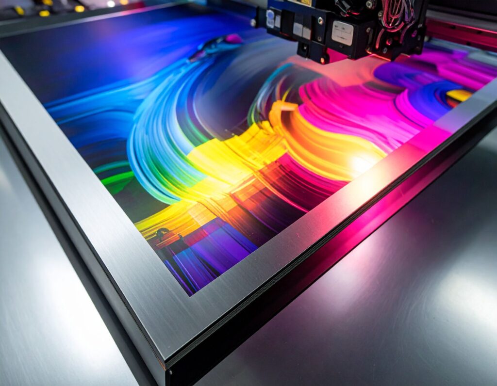 side angle view of a steel finish aluminum composite panel with a vibrantly coloured abstract image reproduced on the ACP sheet by a flatbed inkjet printer in a print shop