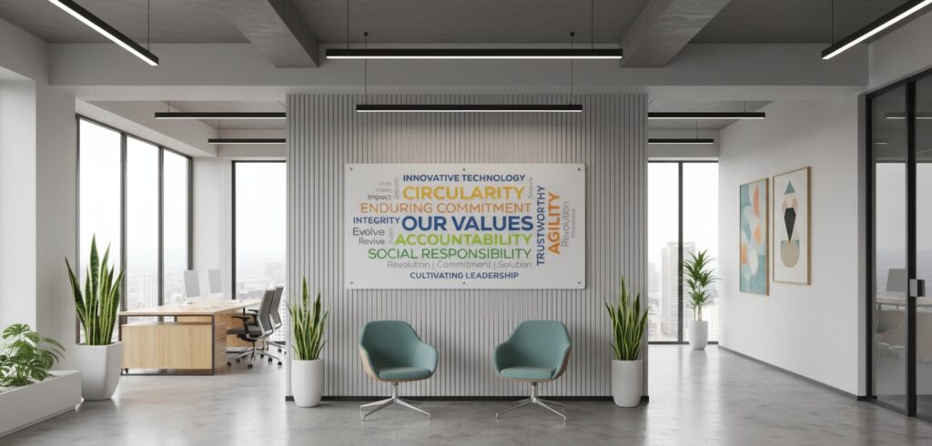 A very colorful word cloud made from different shades of acrylic letters pasted on a white coloured back plate. The entire acrylic sign is fixed on a wall inside a modern corporate office having classy looking interiors.