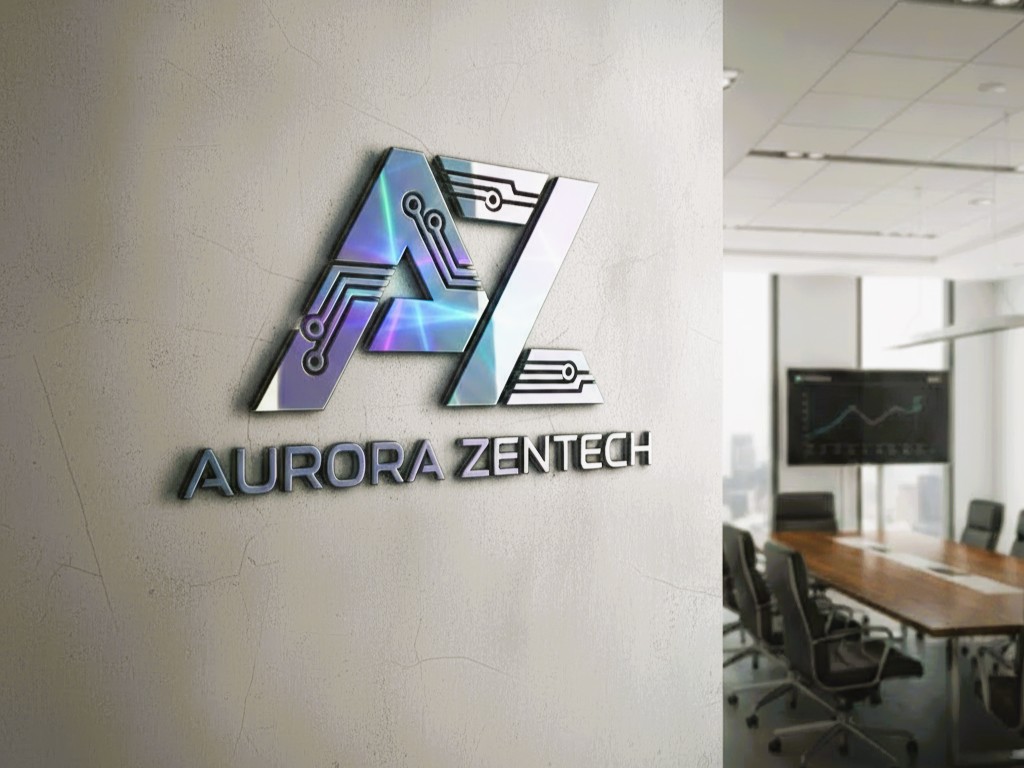 The Aurora Zentec company's logo cut from a metallic finish sheet and fixed on a wall at the entrance of the company's conference room. This acrylic logo there's a very classy and modern look to the office interiors of the company.