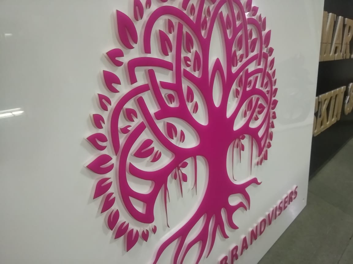 Acrylic can be laser-cut into the shape of your company logo, as illustrated in this side view of the logo board, which shows each element of a banyan tree precisely cut and rendered in 3D.