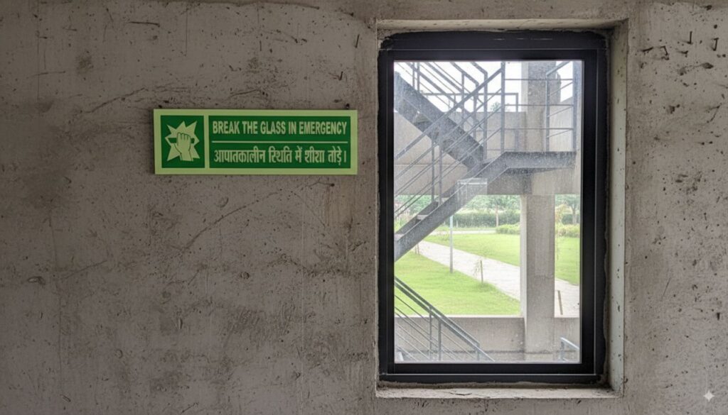 A 'Break the Glass in Emergency' sign, made of night glow media mounted on a 5 mm thick rigid plastic sheet, nailed to a rough concrete wall. Next to the sign, a glass window that can be broken and used as a escape route to the outdoors in case of a emergency inside the building.