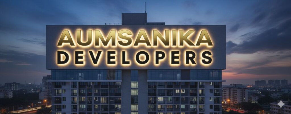 An AI render of a logo sign on the side of a tall building - night view