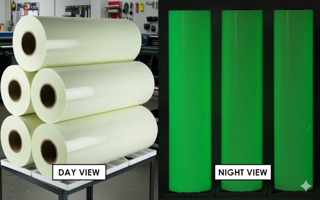 Night Glow vinyl rolls, as stored in our print shop, appear indistinguishable from regular vinyl media during the day. The real magic reveals itself at night or in darkness—these photoluminescent rolls emit a striking greenish glow. Crafted from high-quality photoluminescent material, they absorb light throughout the day and automatically illuminate in the dark, making them ideal for safety signage and specialised printing applications. This image has been touched up in Google Gemini using AI.