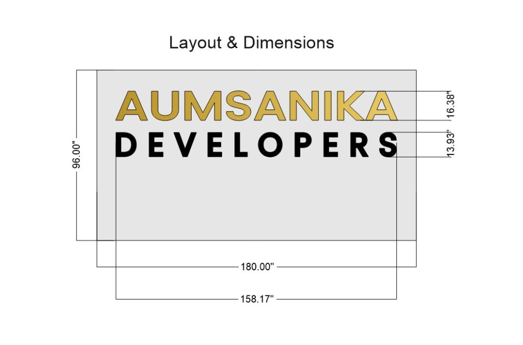 This is the logo of a construction company. We propose creating a skysign from this artwork using shiny, metallic gold letters with LEDs fitted behind for a bright glow. As the first part of the proposal to the client, we have give them a layout with exact dimensions.