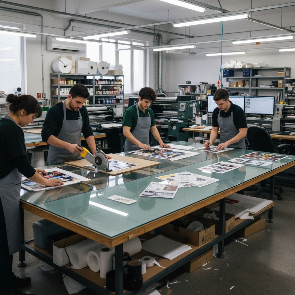 a large sized rectangular cutting and finishing table with a glass top in a print shop with people working on it makes print jobs finishing easy