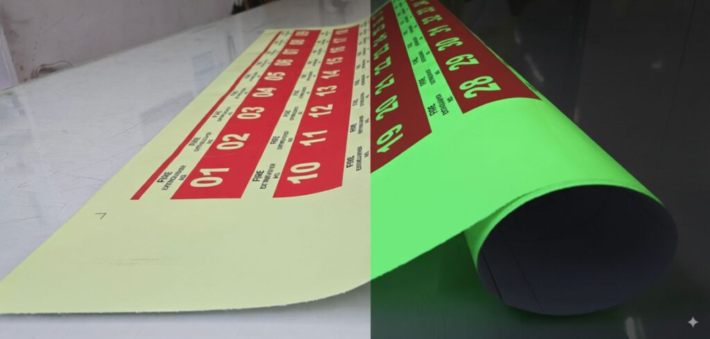 This is a print on a flexible roll of glow-in-the-dark material. The image is divided into a day and a night view. During the day, the print appears as a standard image. However, when the lights go out at night, the material emits a bright glow, revealing the printed image even in complete darkness. The image hase been touched up in Gemini using AI